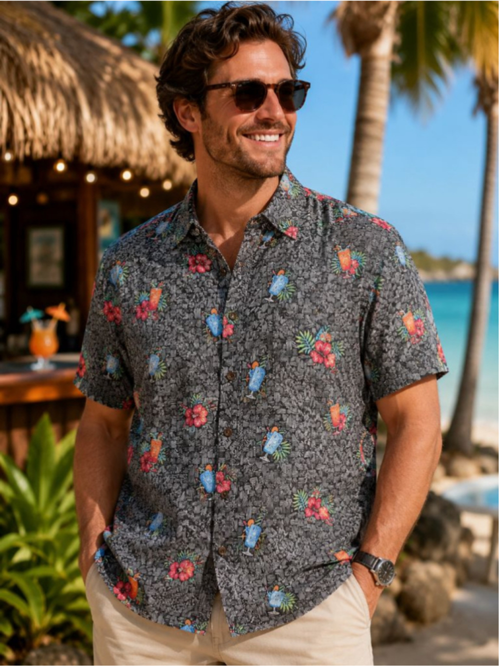 Tommy Bahama IslandZone Coconut Point Tiki Cocktail Camp Shirt Mens M Tencel